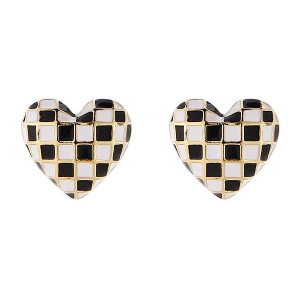 Black and White Enameled Checkered Heart Stud Earrings - Picture 10 of 11